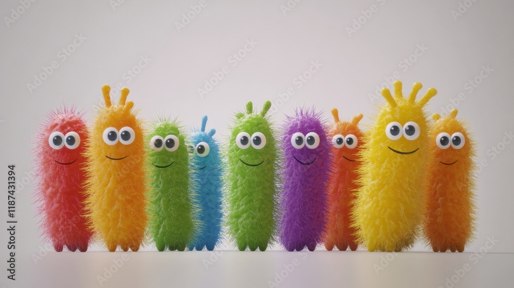 Poster Cheerful bright microbes with eyes and smiles gathered together in a playful display of color and happiness. Generative AI