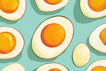 A collection of eggs sit on a bright blue surface, perfect for use in food or design illustrations