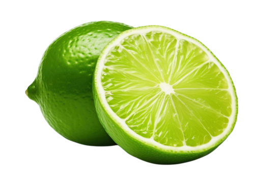 Fresh green limes sliced to reveal juicy interior and vibrant color for culinary use and garnishing
