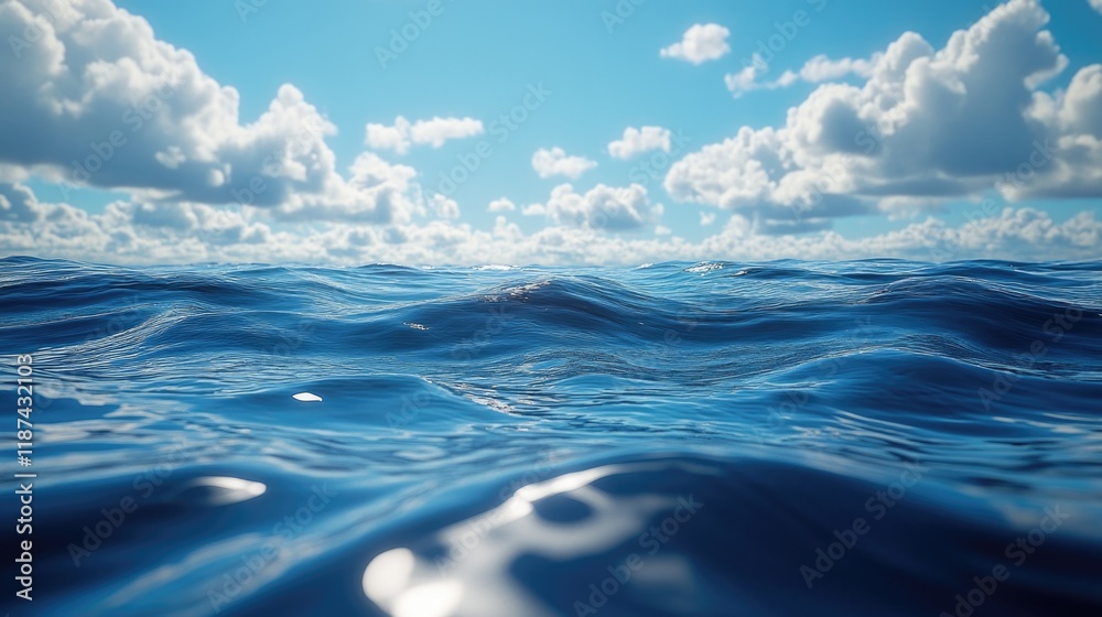 Poster Aerial view of the ocean with clouds floating in the sky, suitable for use as a background or to represent freedom and adventure