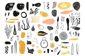 A collection of diverse items against a clean white surface, suitable for illustration or design purposes