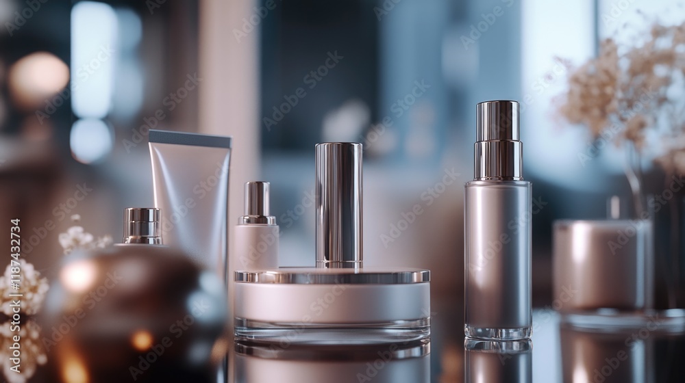 Poster a collection of cosmetics arranged on a table