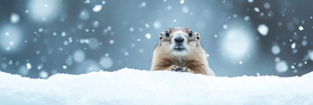A fluffy groundhog in the snow. Groundhog Day. Horizontal banner. Free space for text. Copy space. Marmota monax, marmot, marmot.