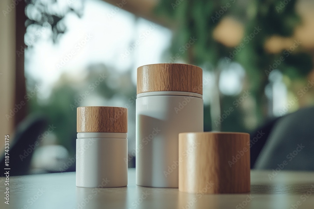 Poster two containers sit on a table, suitable for indoor use or display