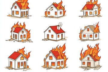 Aerial view of multiple houses burning