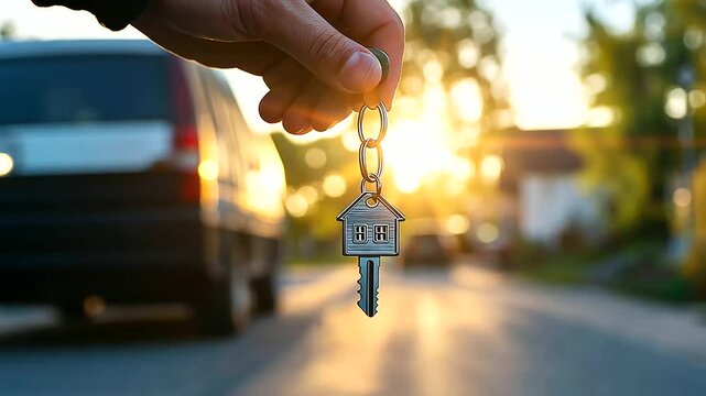 A soft-focus background of a moving truck and new home accentuates a hand holding keys with an engraved house-shaped keychain.