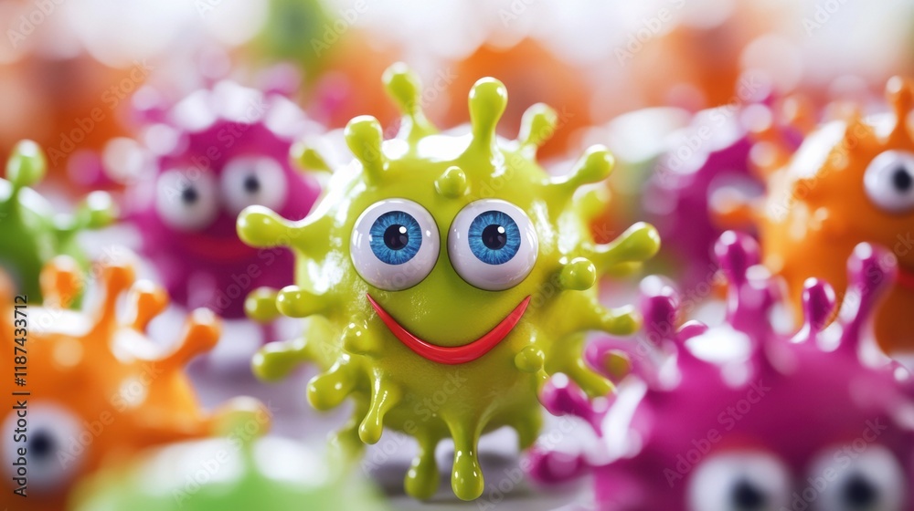 Poster bright and cheerful microbes with vibrant colors and friendly expressions gathering in a playful env