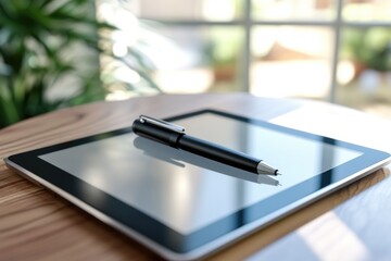 A tablet computer placed on top of a wooden table, suitable for use in office or home settings