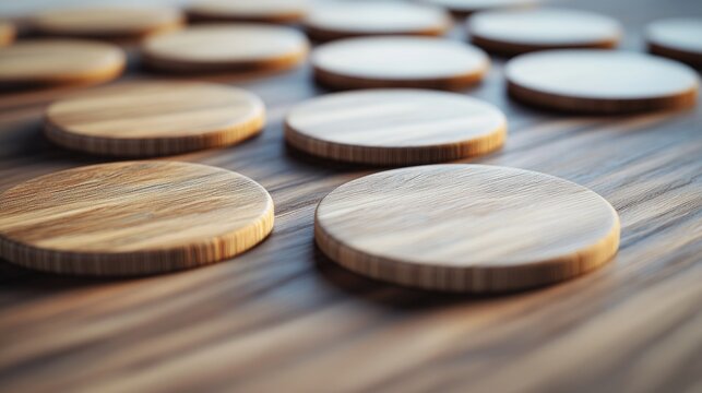 Close-up of wooden coasters on a table, perfect for home decor and furniture photography