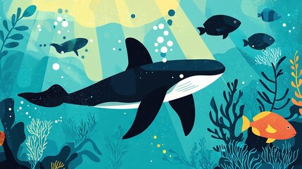 Obraz premium An illustration of an orca swimming in the ocean with fish and seaweed on the bottom of the water