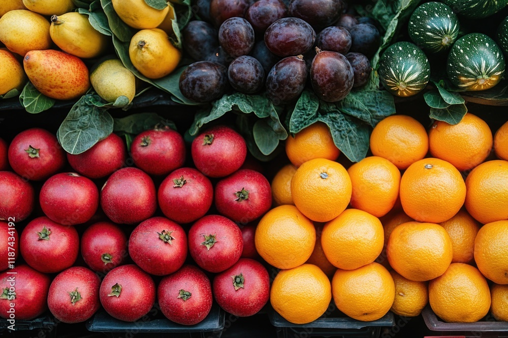Poster A colorful array of fresh fruits and vegetables on display at a market