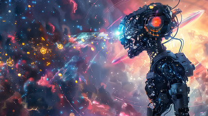 Futuristic robot gazes into the cosmos, exploring the mysteries of space and technology in vibrant colors