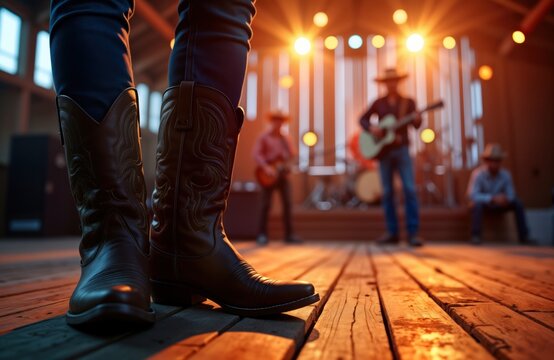Country music festival in old barn. People dance with cowboy boots, hats. Musicians play on stage. Live music creates festive atmosphere. Traditional western culture event. Festive atmosphere.