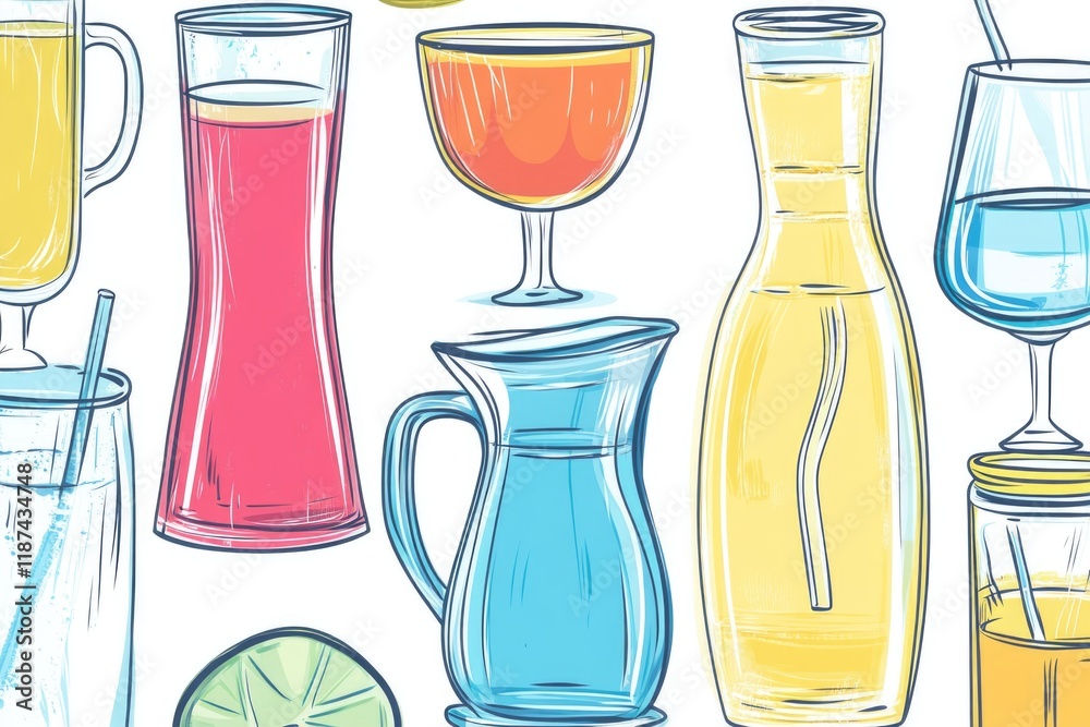 Poster a selection of different drinks and beverages arranged on a white background