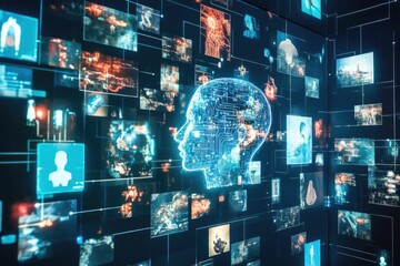 Obraz premium Digital head, interconnected data streams, glowing images.