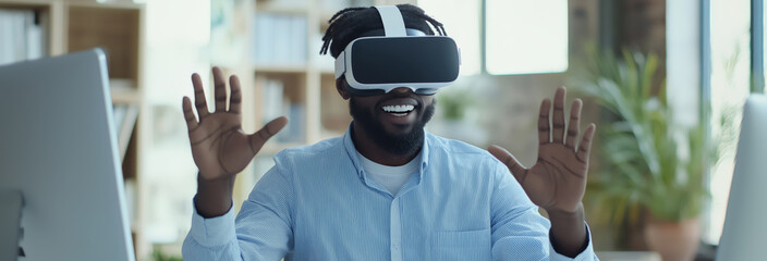 African american casual businessman wearing vr headset using virtual interface at office