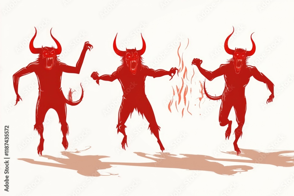 Poster group of demonic creatures with distinctive horns and red skin, perfect for dark and mysterious scen