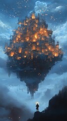 Floating city lights, lone figure, night sky.