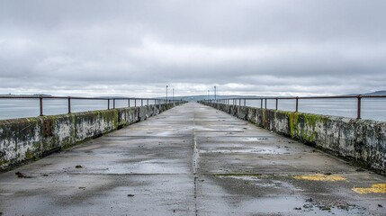 Fototapeta premium A bridge with a fence and water on either side during a cloudy day