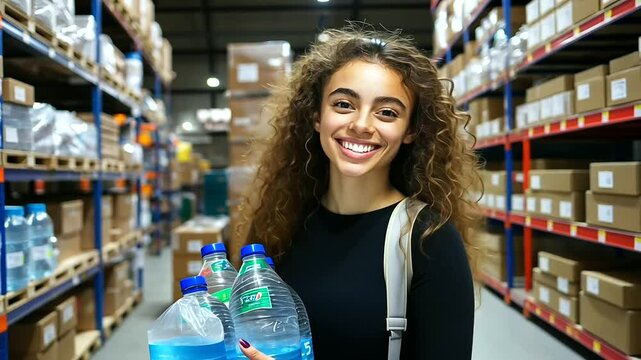 A young woman beams with joy as she packs a bag with bottles of water and non-perishable goods, the organized chaos of the food bank warehouse in the backdrop.