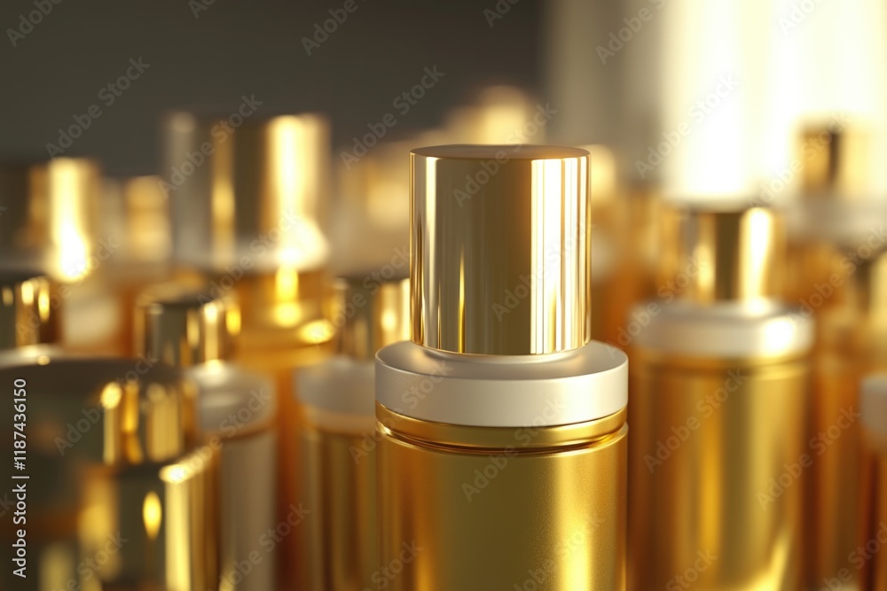 Poster a collection of perfume bottles arranged neatly on a shelf or table, perfect for use in commercial s