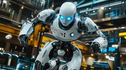 Fototapeta premium In a futuristic environment, a white robot with shimmering blue eyes has its arms outstretched.