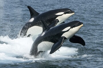 Obraz premium A group of orcas breaching in the icy waters off the coast of Antarctica.