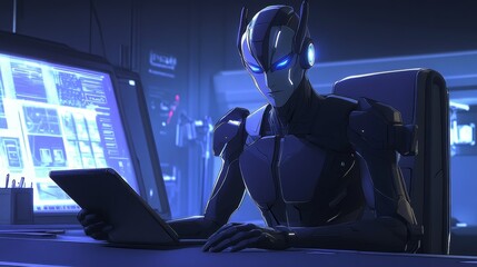 In a laboratory, a white humanoid robot is examining a device.