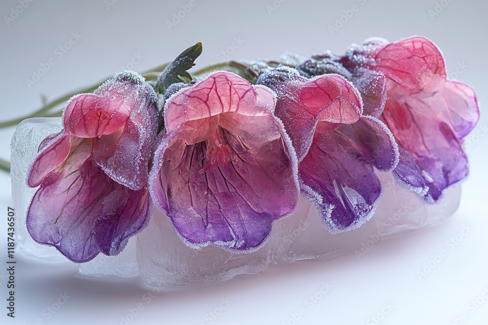 Poster a close-up shot of a bouquet of flowers sitting on a frozen block of ice