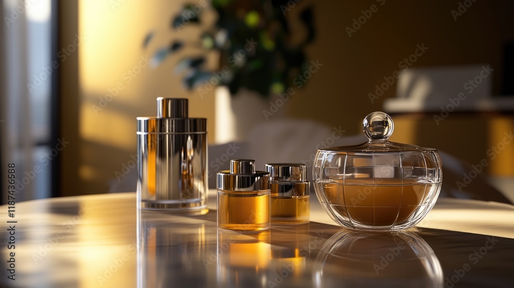Poster two perfume bottles sit on a table, ready for use