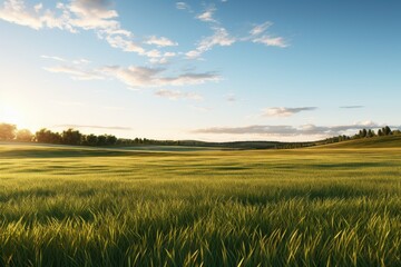 Fototapeta premium Vast green landscape under a clear blue sky with soft clouds during sunrise