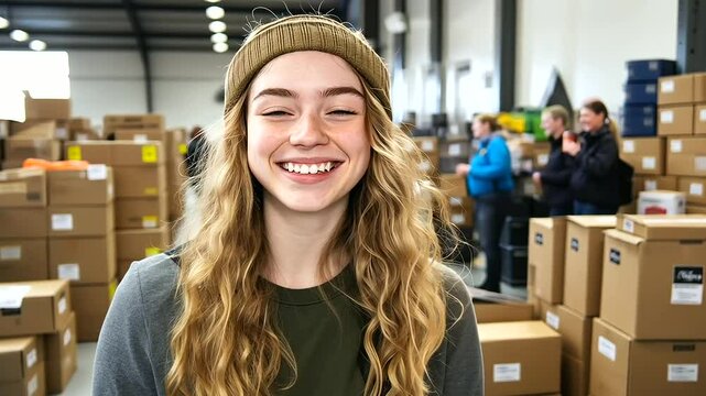 A young woman beams with joy as she packs a bag with bottles of water and non-perishable goods