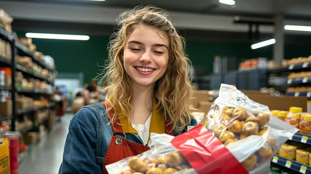 A young woman beams with joy as she packs a bag with bottles of water and non-perishable goods