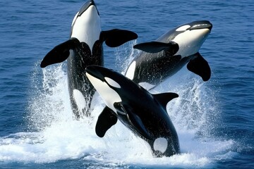 Obraz premium A group of orcas breaching in the icy waters off the coast of Antarctica.