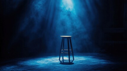 A lone wooden stool sits center stage, bathed in a dramatic blue spotlight amidst swirling smoke.