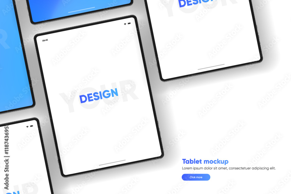 Aufkleber 3D Tablet frame less blank screen. Empty screen device tablet mockup element. Can be used for mobile app, UI UX, business presentations. High quality EPS10 ultra realistic tablet with editable screen