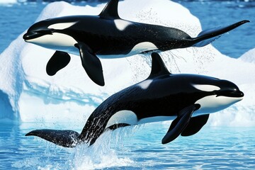 Obraz premium A group of orcas breaching in the icy waters off the coast of Antarctica.