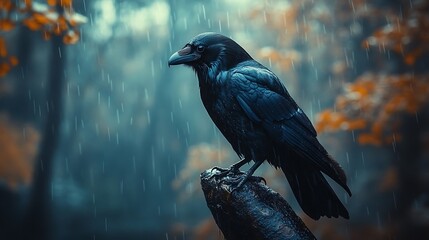 A majestic raven perched on a branch in a rain-swept forest.