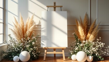 Minimalist white welcome sign on rustic wooden easel surrounded by delicate eucalyptus, pampas grass arrangements. Stylish boho wedding decor. Elegant, simple entrance. Natural, organic neutral color