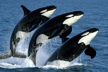 Fototapeta premium A group of orcas breaching in the icy waters off the coast of Antarctica.