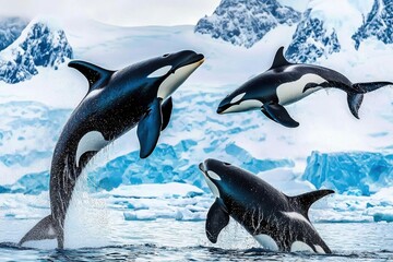 Obraz premium A group of orcas breaching in the icy waters off the coast of Antarctica.