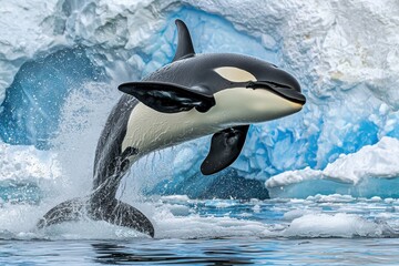 Fototapeta premium A group of orcas breaching in the icy waters off the coast of Antarctica.