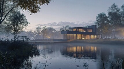 Obraz premium Modern 3D Rendering of House by River at Evening with Mist Effects