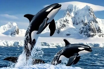 A group of orcas breaching in the icy waters off the coast of Antarctica.