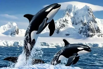 A group of orcas breaching in the icy waters off the coast of Antarctica.