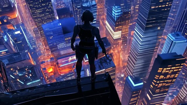 Futuristic female assassin overlooks a neon-lit city from a high vantage point, Female assassin in futuristic city top down tilt