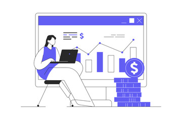 Stock market concept design. Woman invests savings and earns money, analyzes data graph and develops successful strategy. Flat Cartoon Vector Illustration, icon. Stylish abstract