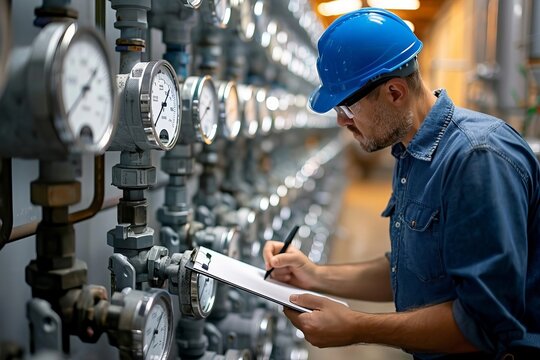 Technician Checking Water Meter with Clipboard