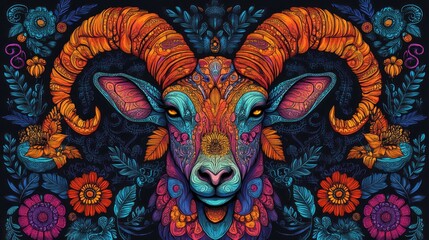 Fototapeta premium Ornate ram head with floral background, vibrant colors.