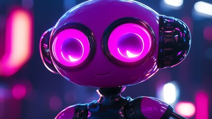 A close-up of a modern robot with bright, luminous eyes and pink protective armor.